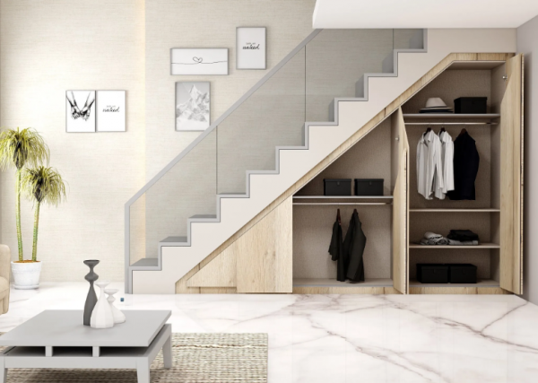 Lemari bawah tangga dengan kombinasi pintu dan rak terbuka